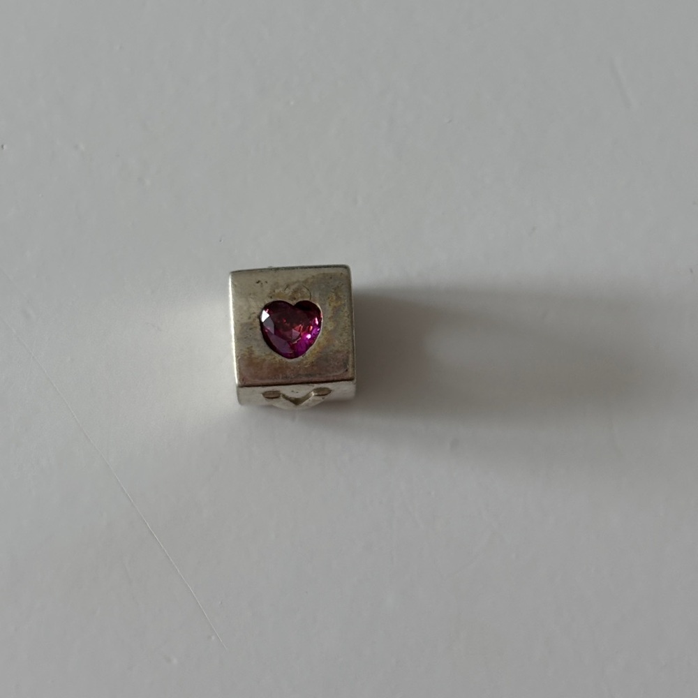 Pandora Silver Cube Charm with Pink Heart Stone